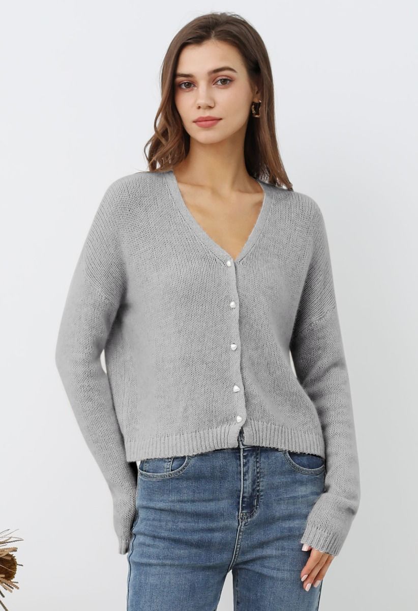 Solid Color Pearly Button Knit Cardigan in Grey