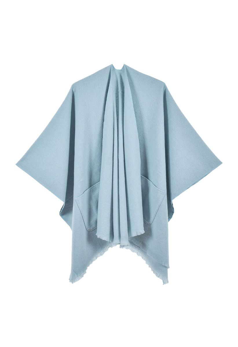 Whisper Soft Pocket Fringed Hem Poncho in Blue