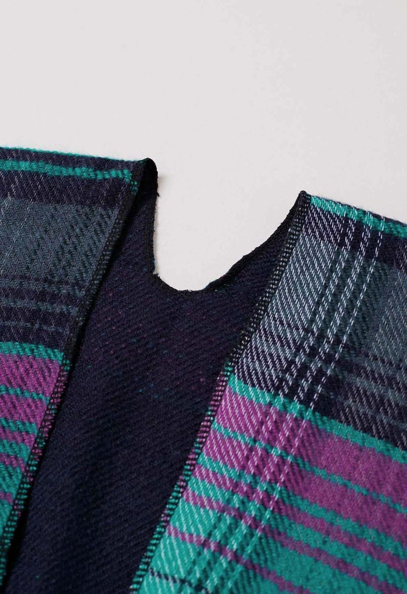 Classic Tartan Fringed Hem Poncho in Teal