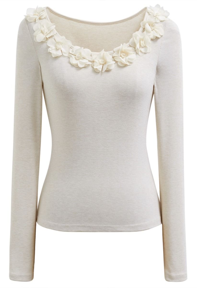 3D Flowers Neckline Long Sleeve Fitted Top in Oatmeal