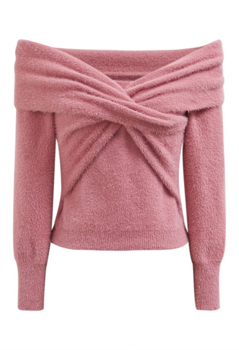 Crisscross Front Off-Shoulder Fuzzy Knit Top in Pink