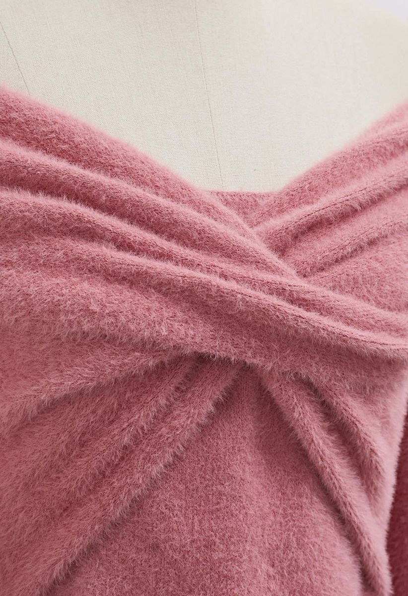 Crisscross Front Off-Shoulder Fuzzy Knit Top in Pink