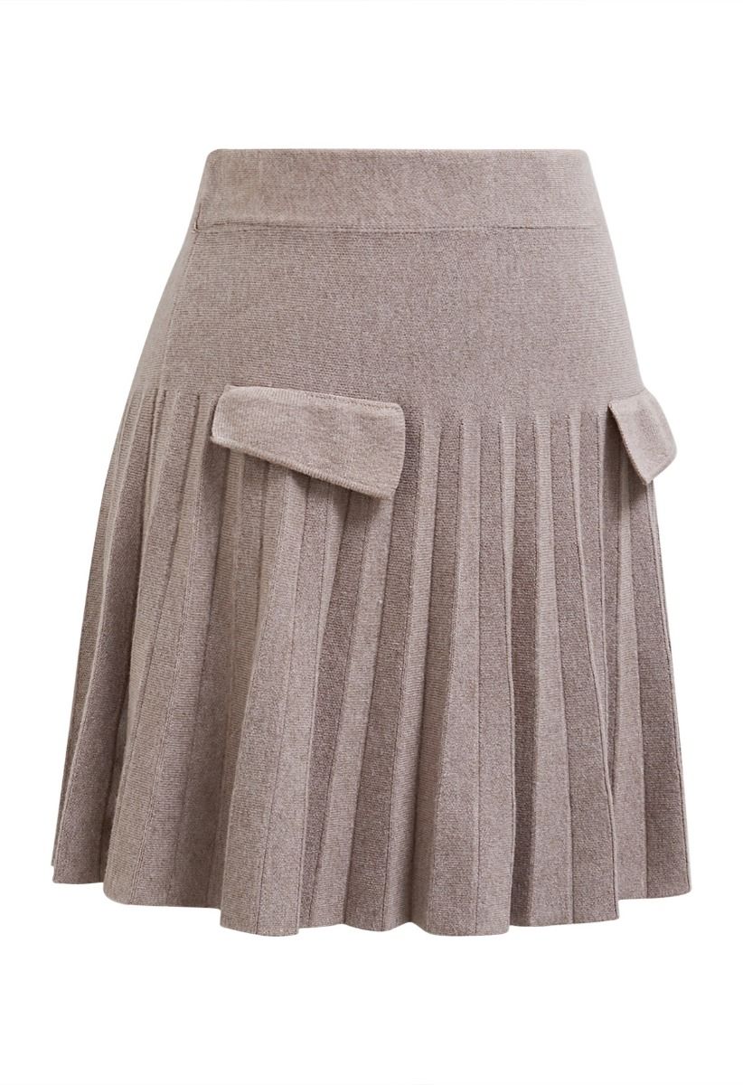 Decorative Pocket Pleated Knit Mini Skirt in Sand