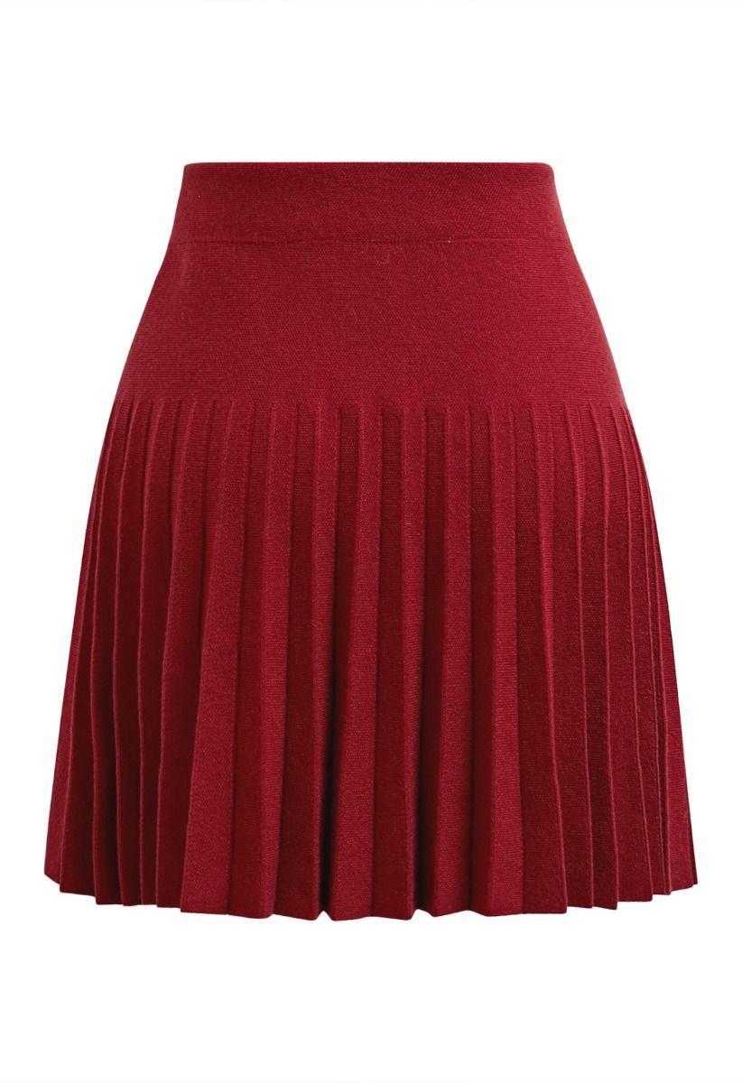 Decorative Pocket Pleated Knit Mini Skirt in Red