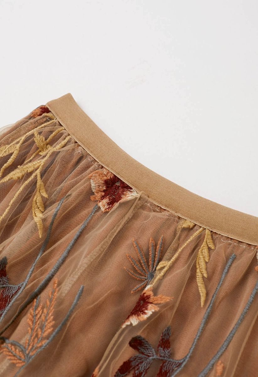 Whimsical Flowers Embroidered Mesh Tulle Midi Skirt in Camel