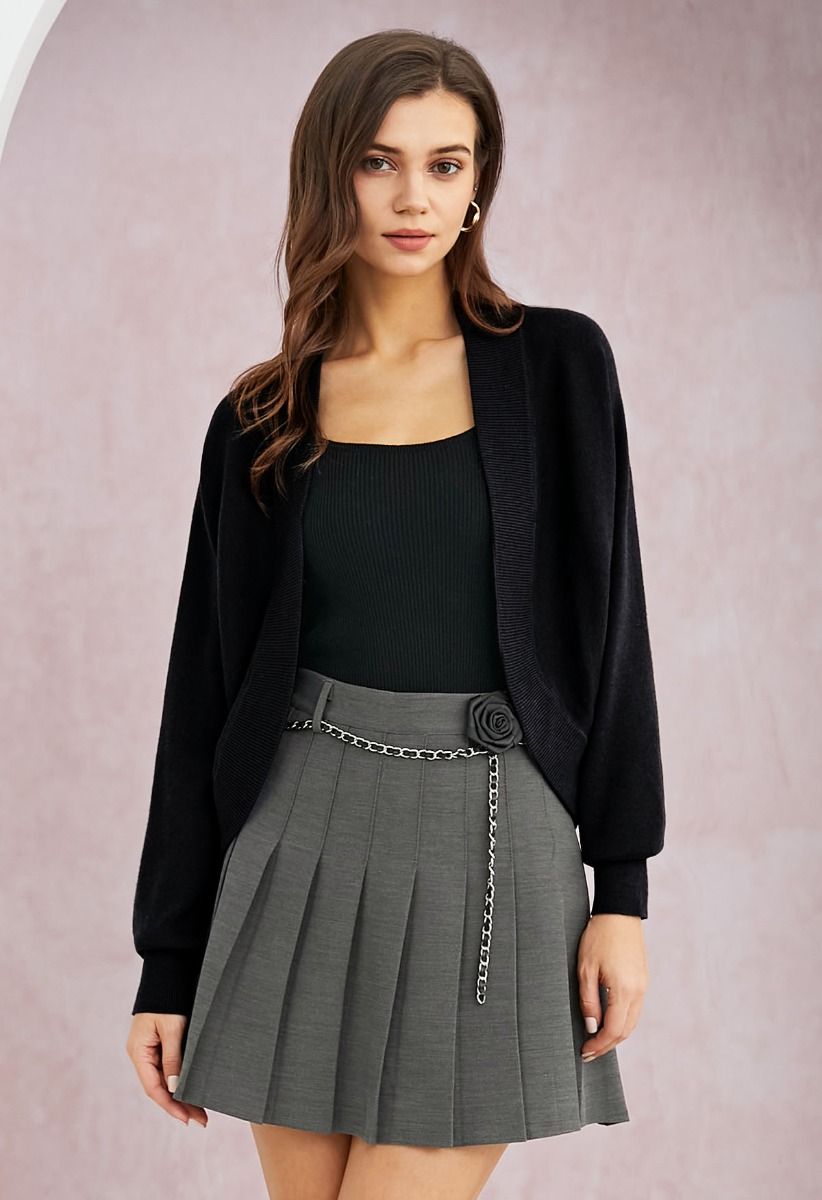 Minimalist Open-Front Ribbed Edge Knit Cardigan in Black