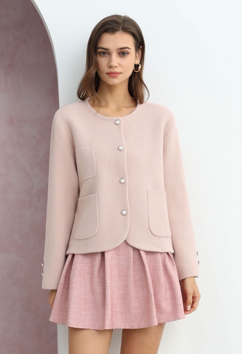 Sweetly Patch Pocket Pearly Button Knit Cardigan in Pink