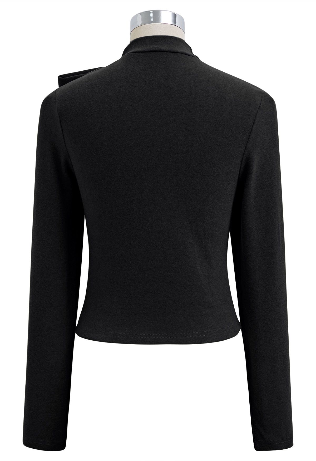 Side Bowknot Neckline Long-Sleeve Top in Black