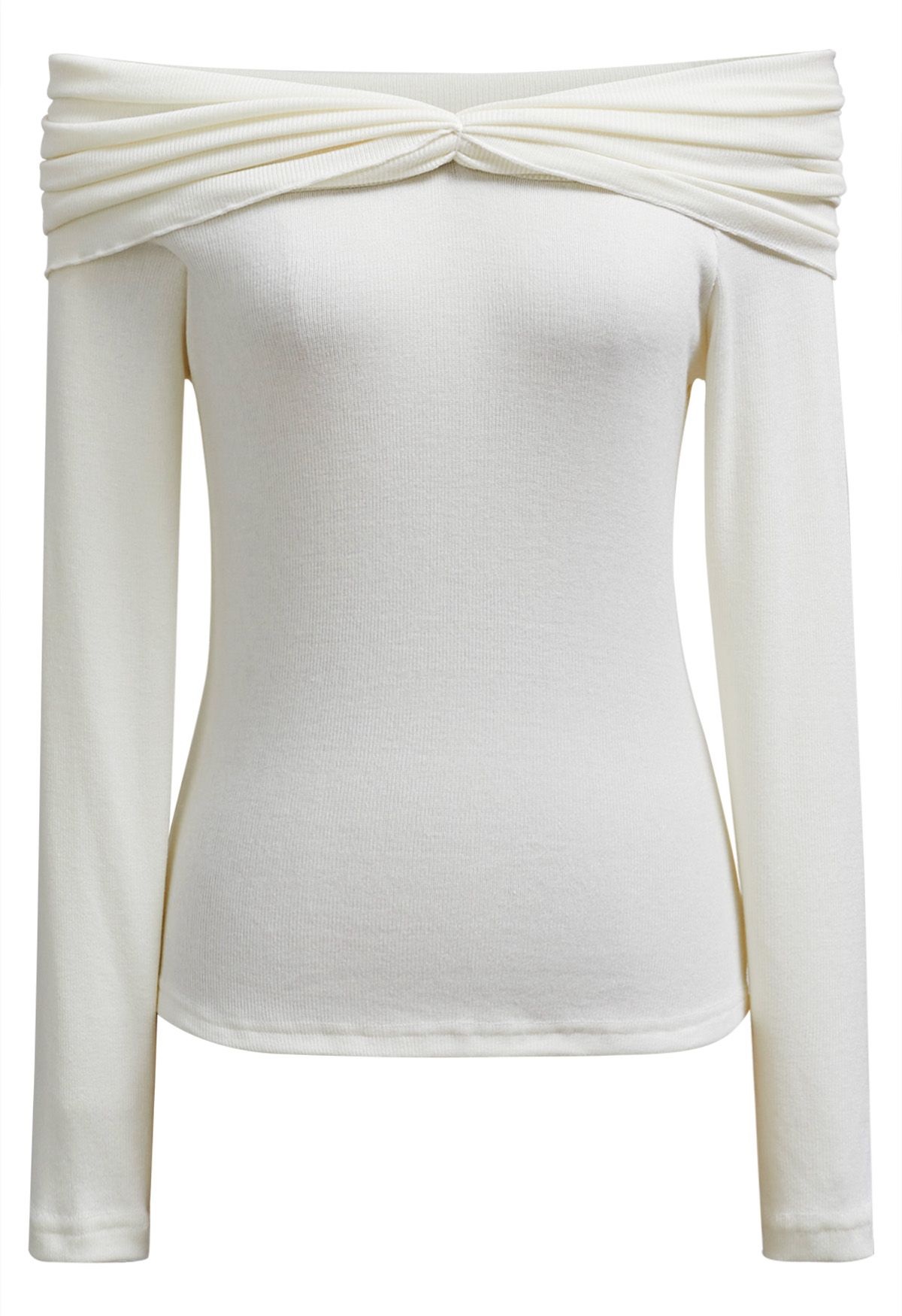 Ruched Fold Neckline Long Sleeve Off-Shoulder Top in White