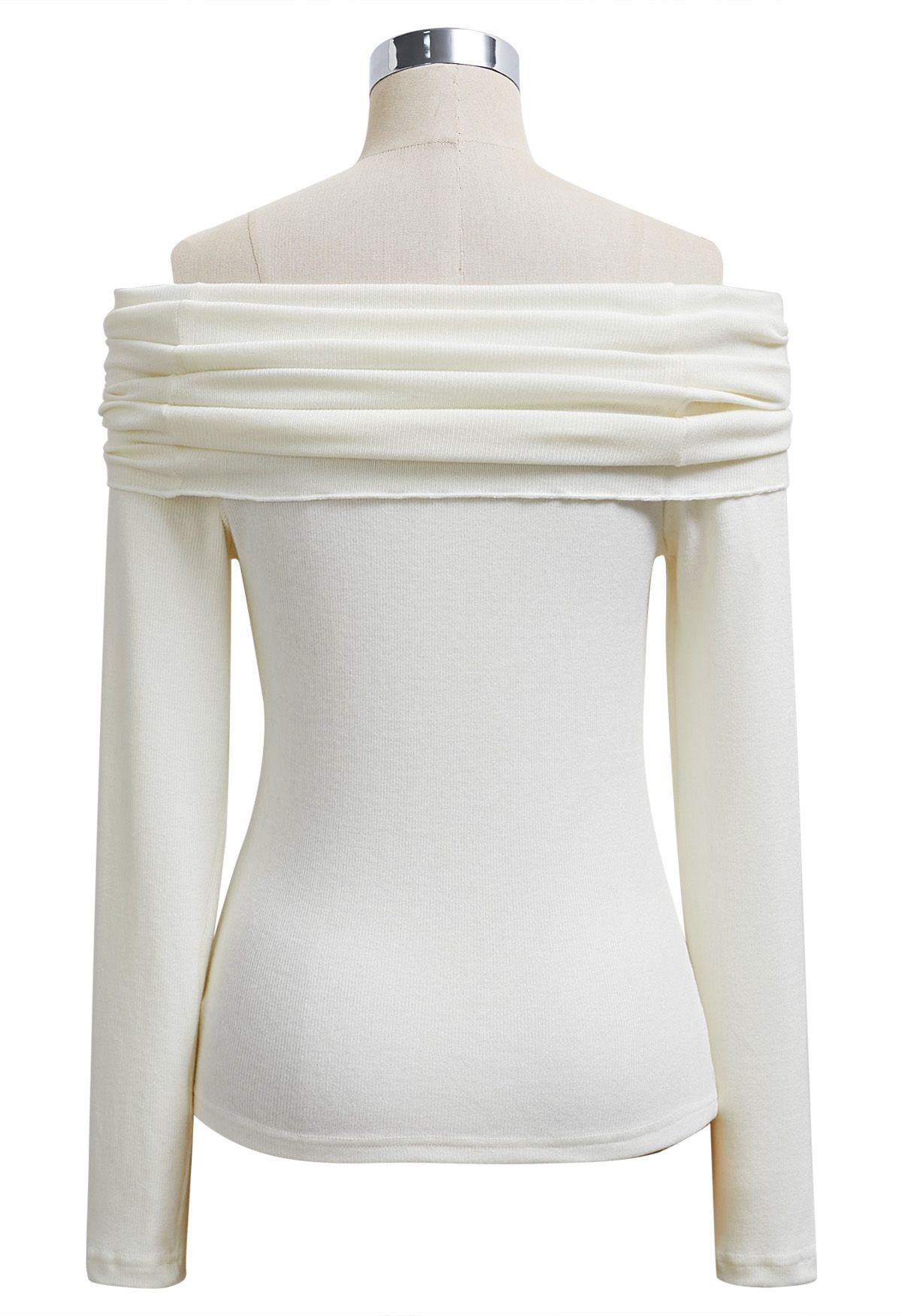 Ruched Fold Neckline Long Sleeve Off-Shoulder Top in White