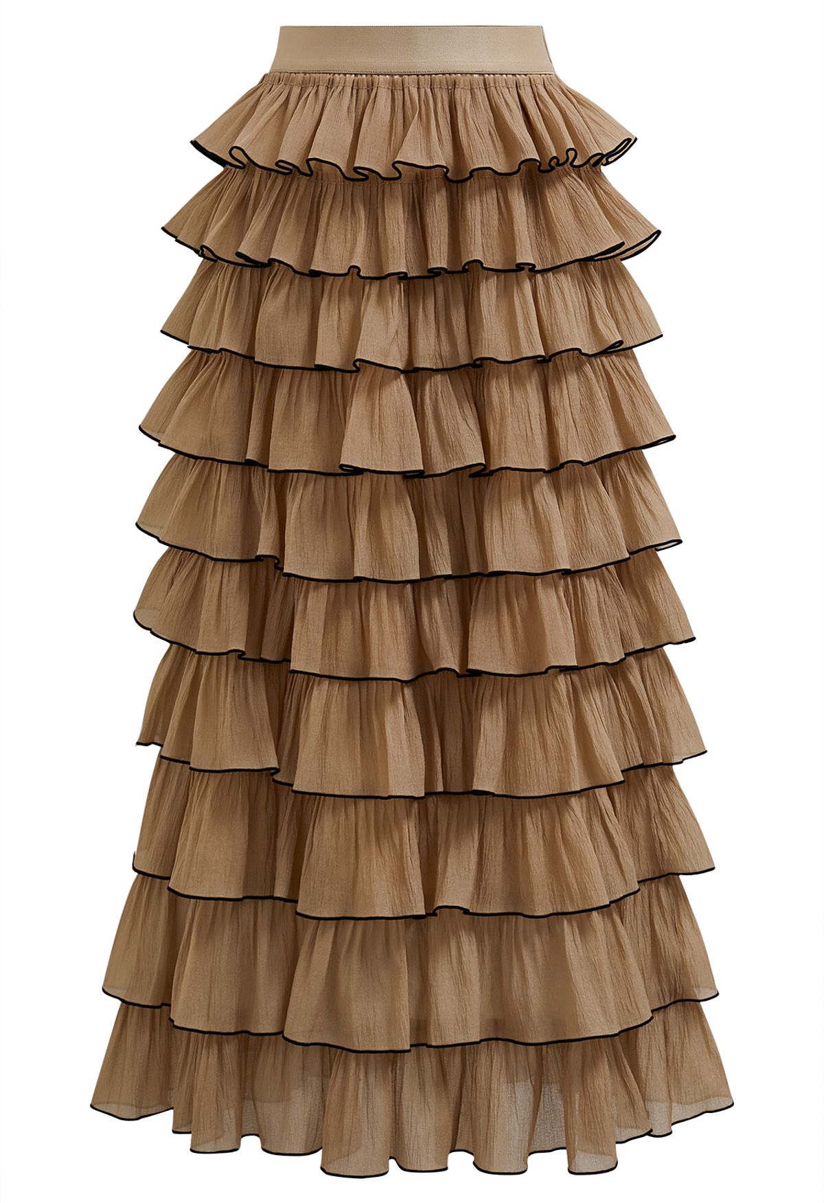 Contrasting Edges Tiered Ruffle Maxi Skirt in Caramel