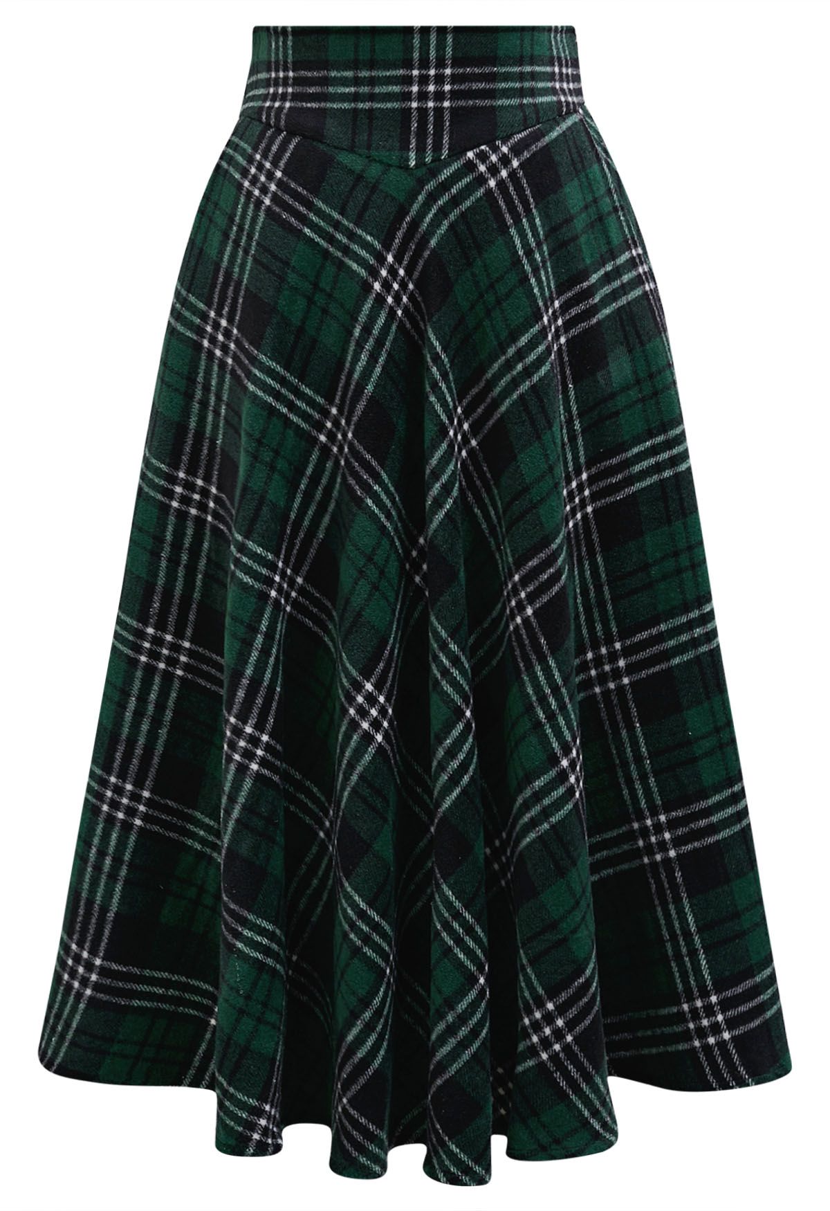 Sophisticated Plaid A-Line Midi Skirt in Dark Green