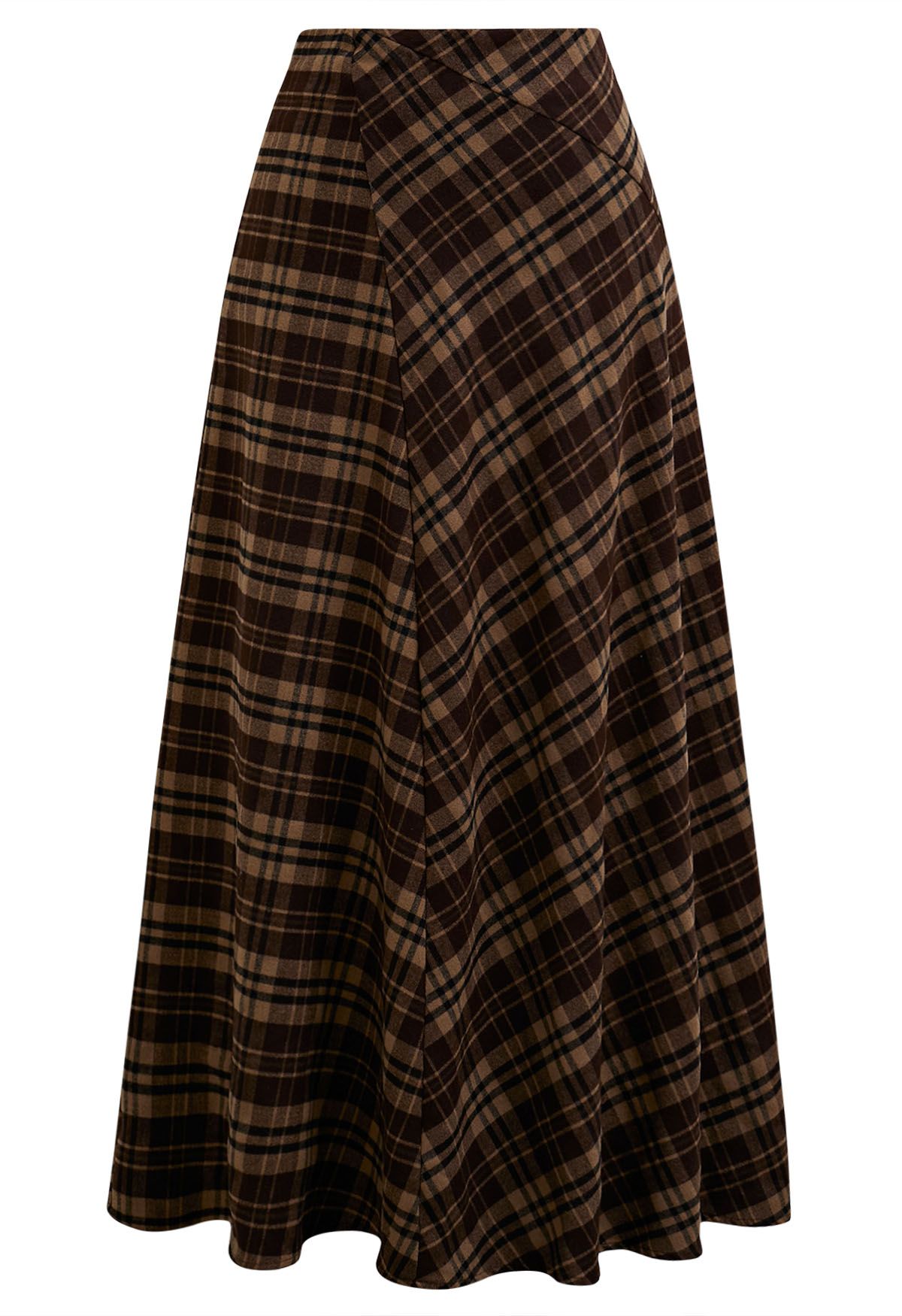 Plaid Lovely Irregular Fake Flap Maxi Skirt in Brown