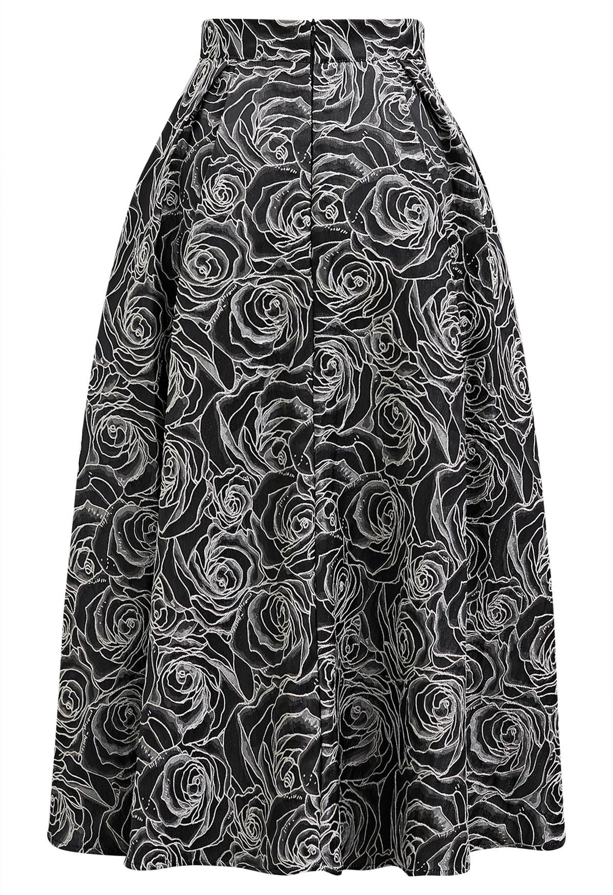 Delicate Roses Jacquard Embossed A-Line Midi Skirt in Black