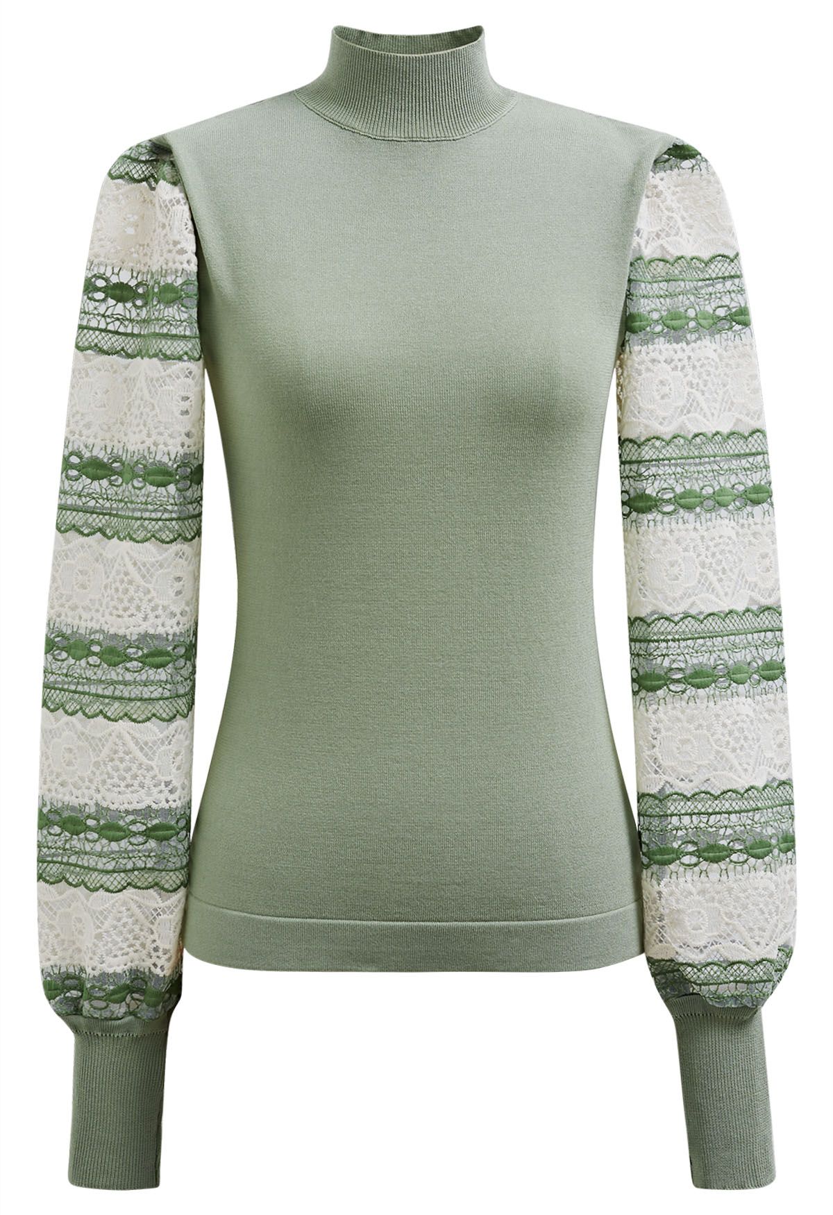 Mock Neck Embroidered Lantern Sleeve Knit Top in Pistachio