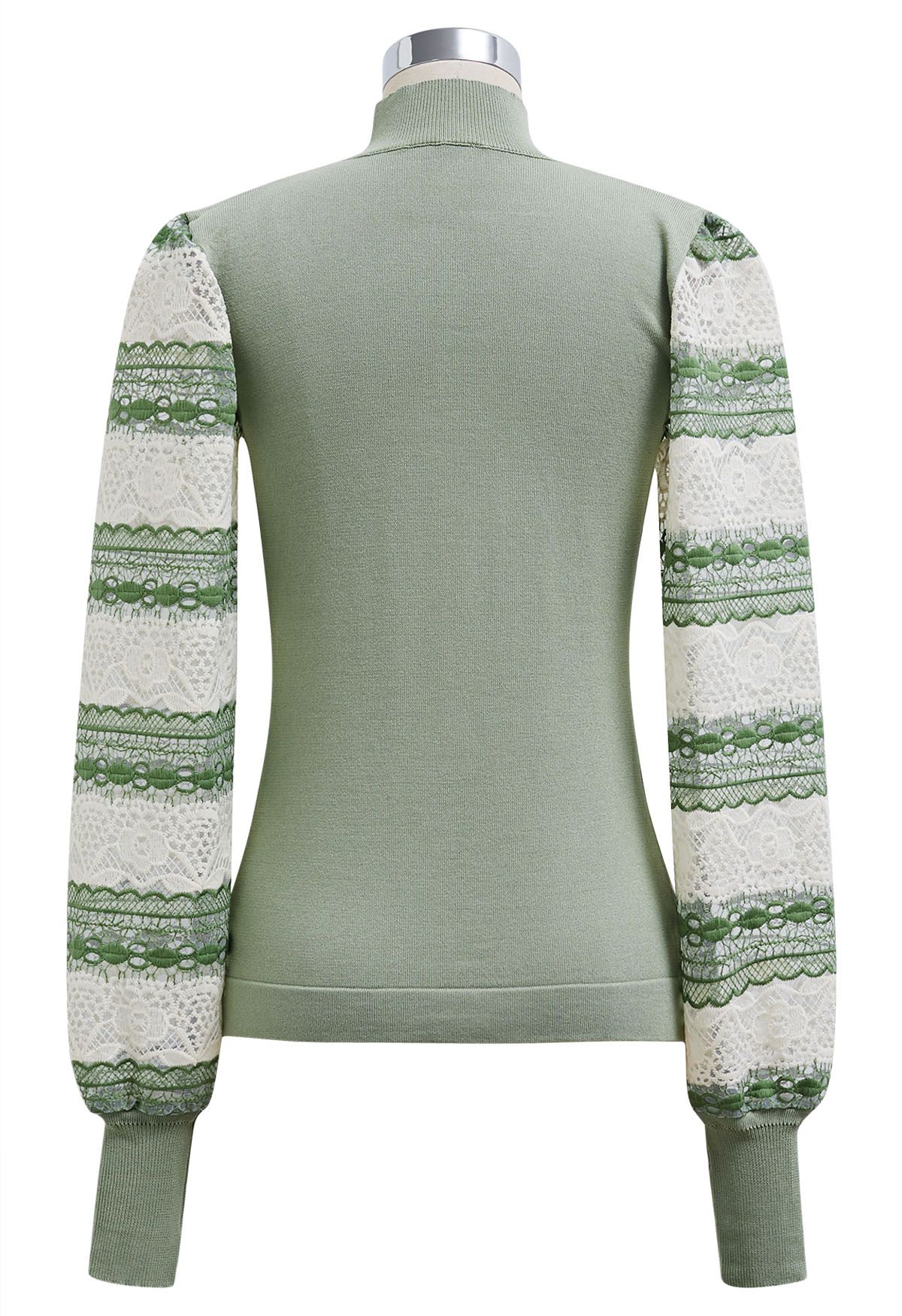 Mock Neck Embroidered Lantern Sleeve Knit Top in Pistachio