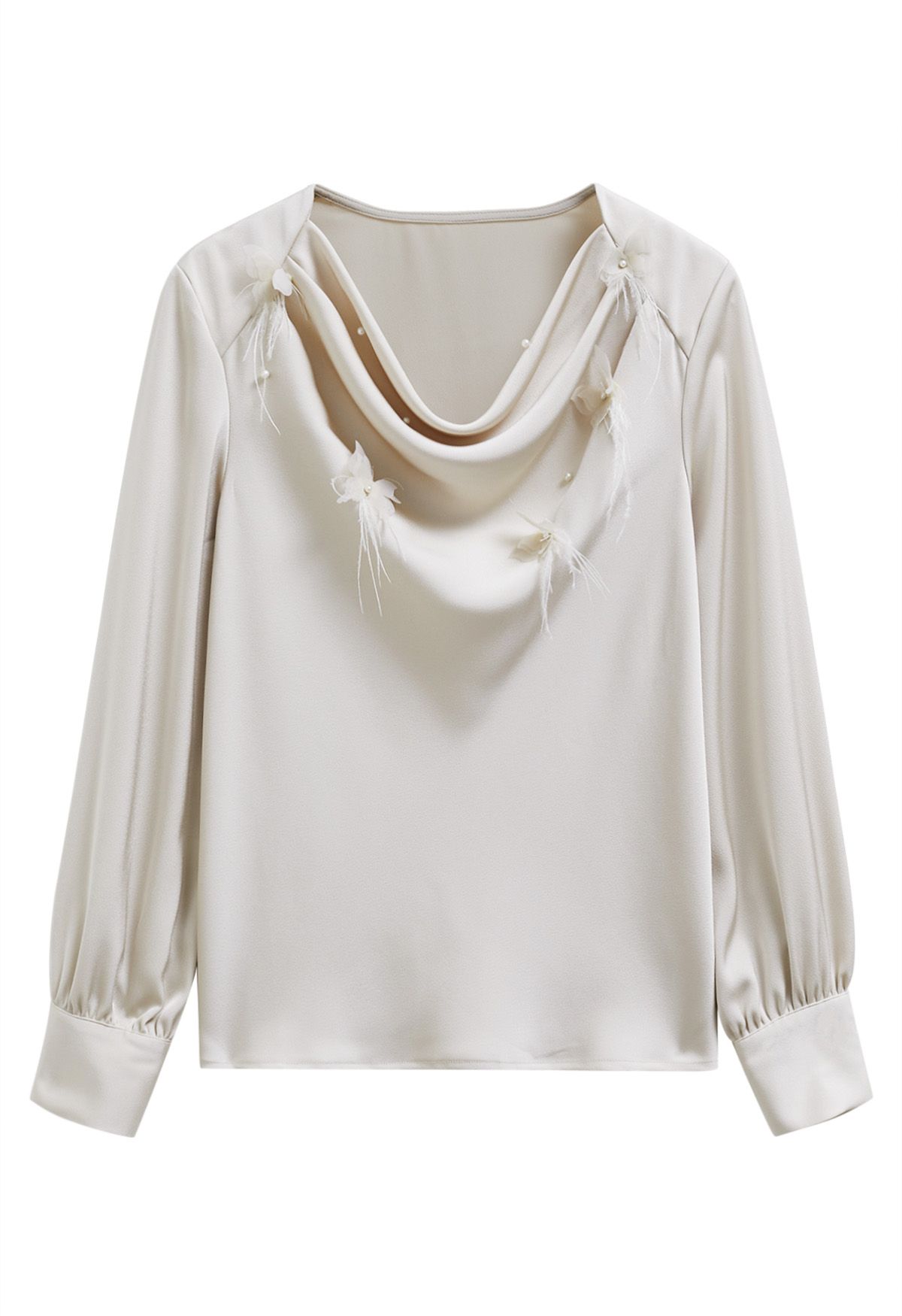 Pearly Butterfly Feather Trim Cowl Neck Top in Champagne