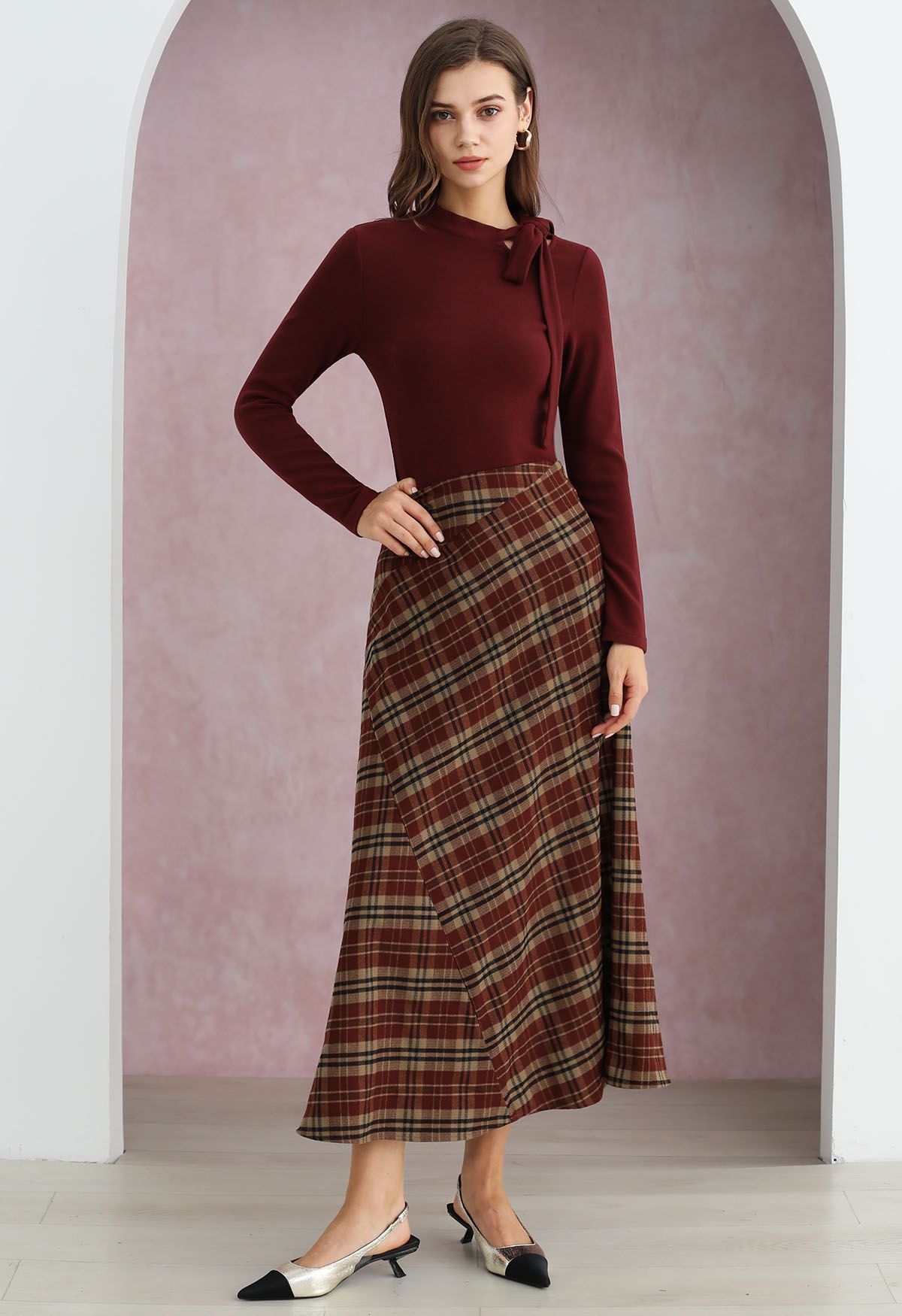 Plaid Lovely Irregular Fake Flap Maxi Skirt in Burgundy