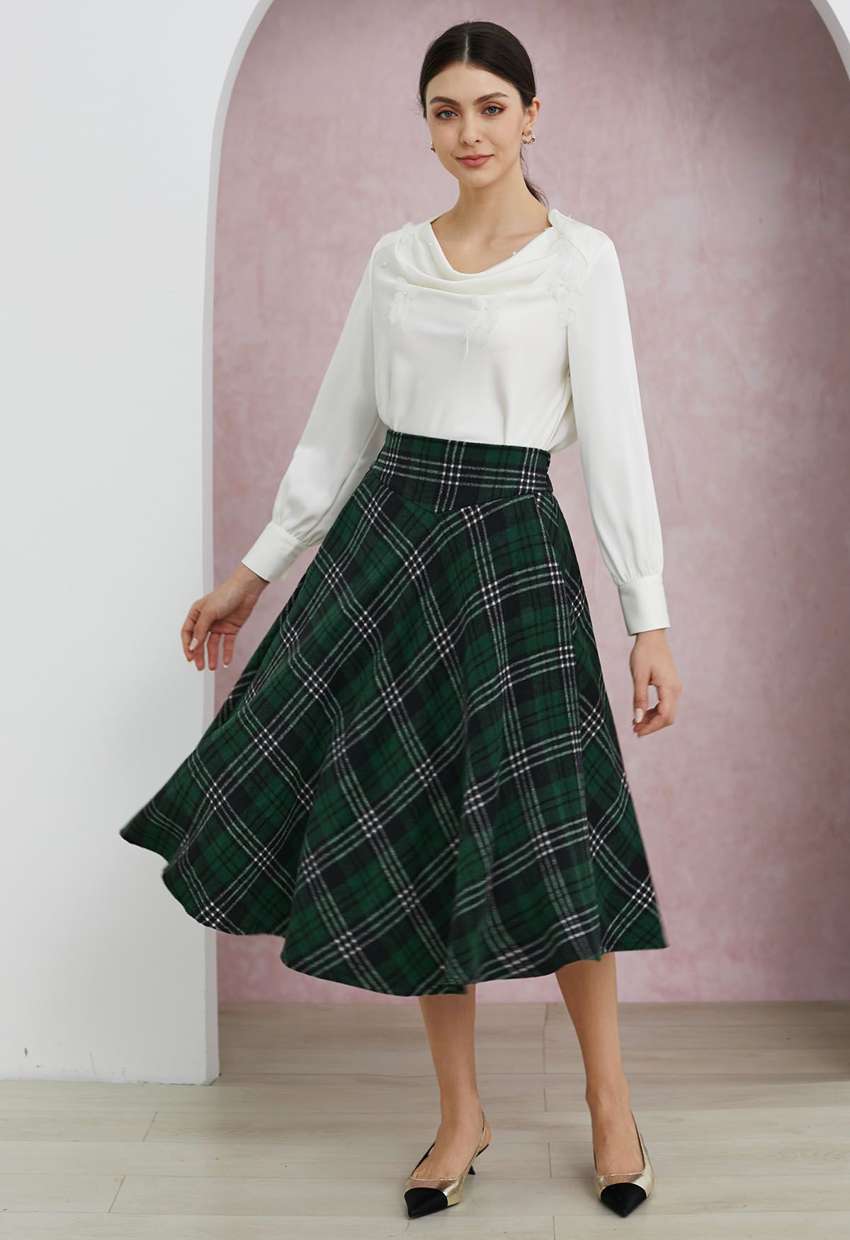 Sophisticated Plaid A-Line Midi Skirt in Dark Green