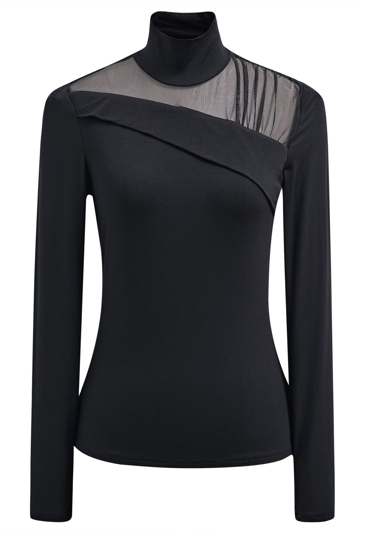 Sheer Elegance Asymmetric Mesh Spliced High Neck Top