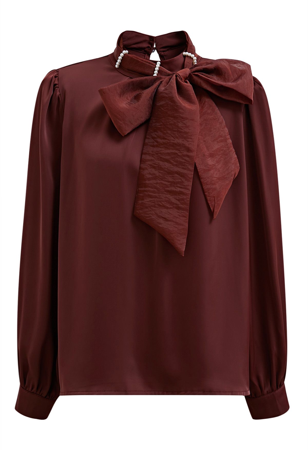 Pearl Neckline Side Bowknot Satin Top in Burgundy