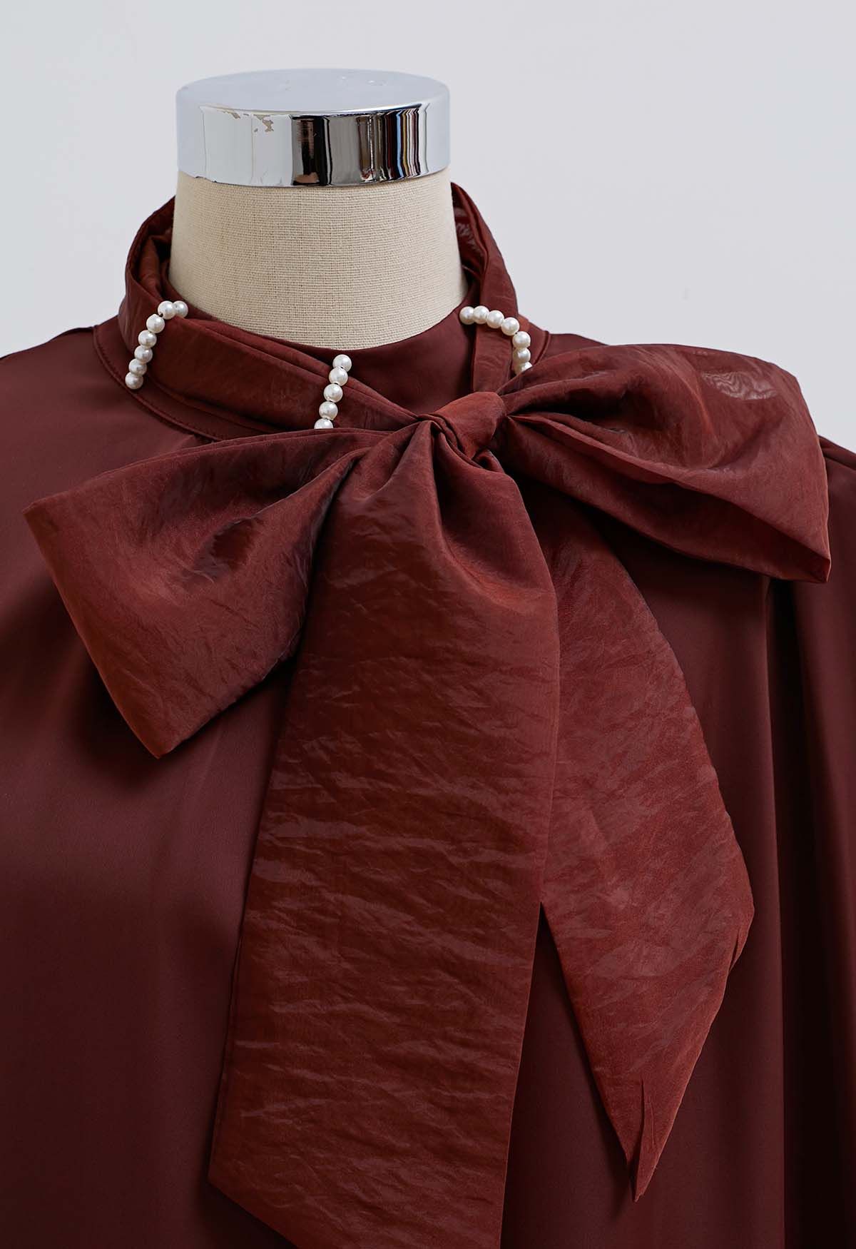 Pearl Neckline Side Bowknot Satin Top in Burgundy