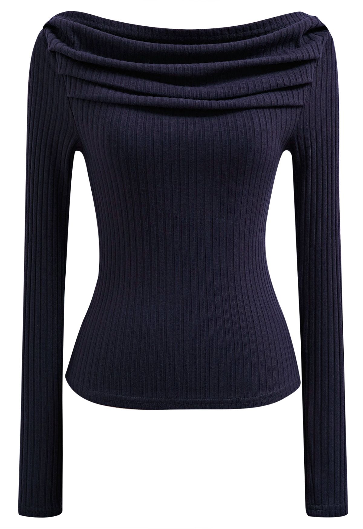 Ribbed Texture Off-Shoulder Ruched Cotton Top in Navy