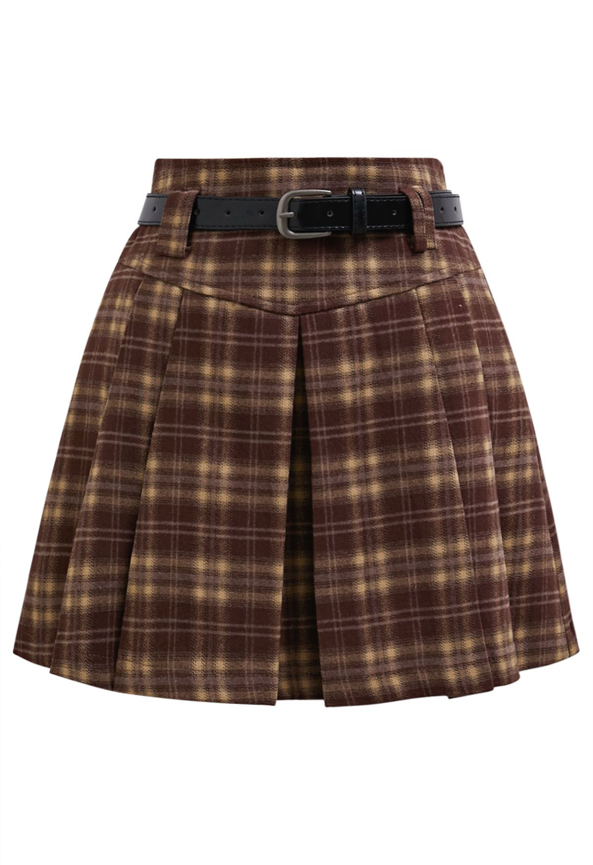 Pretty Plaid Box Pleat Belted Mini Skirt in Plum