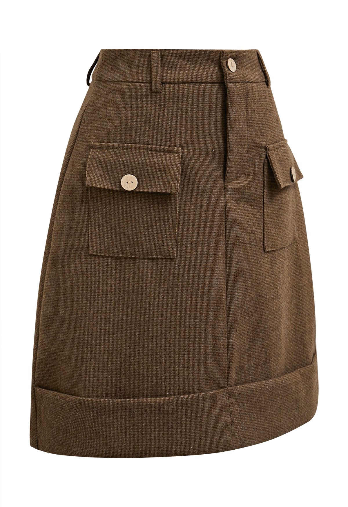 Buttoned Trim Flap Pocket Roll-Hem Tweed Skirt in Brown