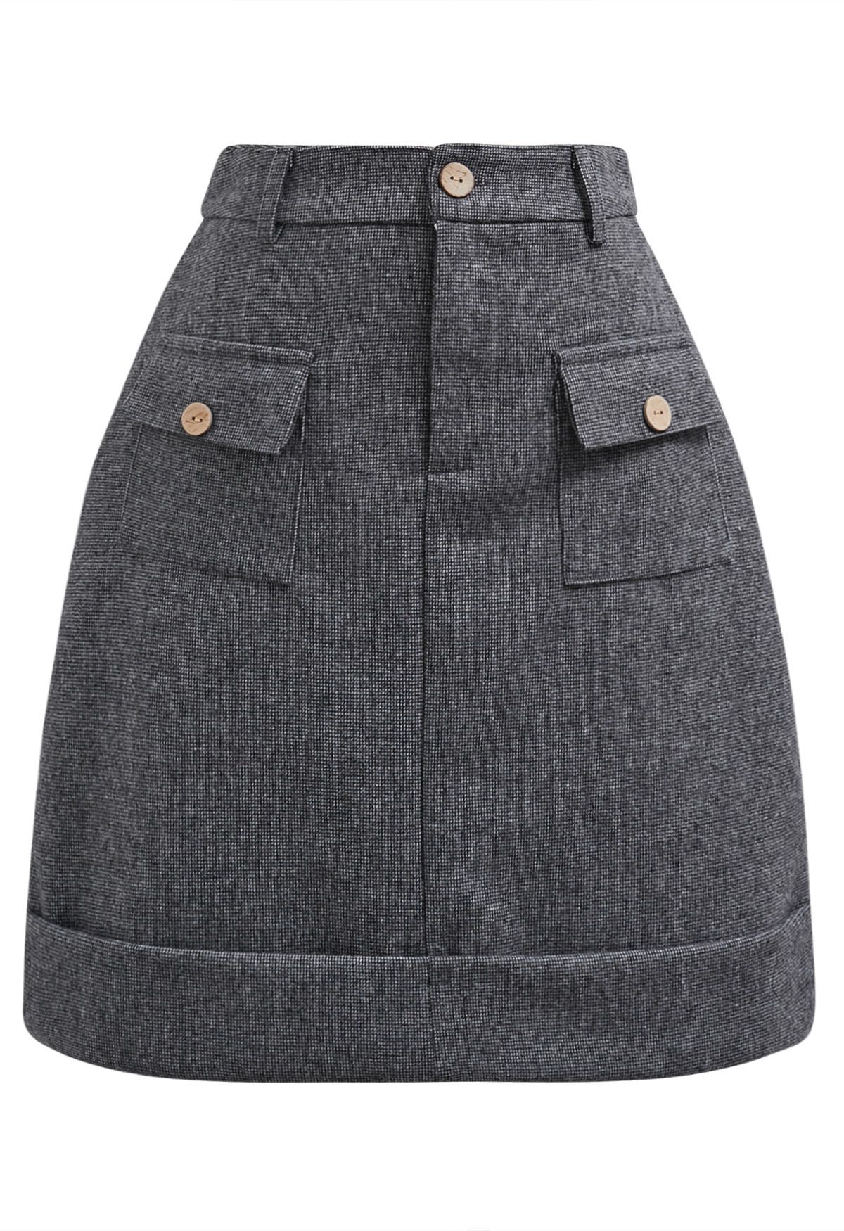 Buttoned Trim Flap Pocket Roll-Hem Tweed Skirt in Grey