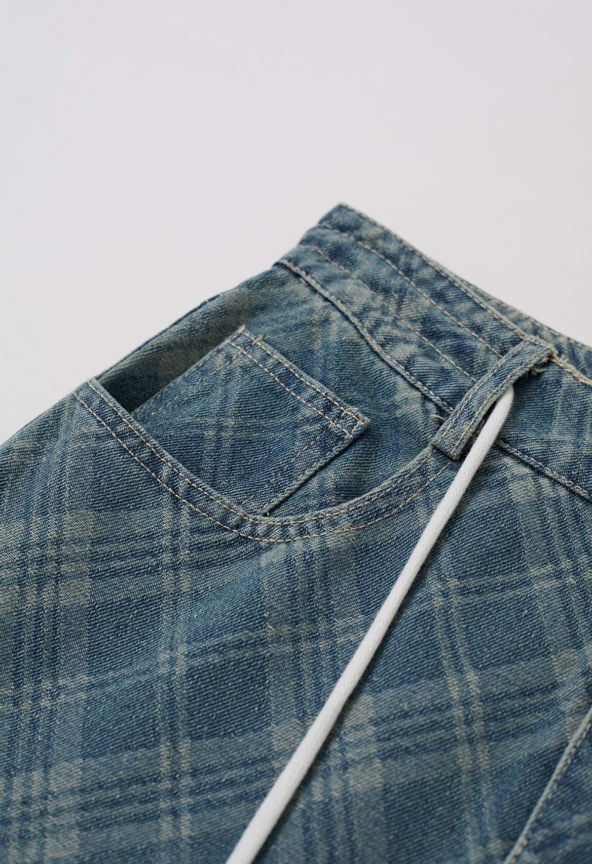 Laid-Back Plaid Drawstring Wide-Leg Jeans