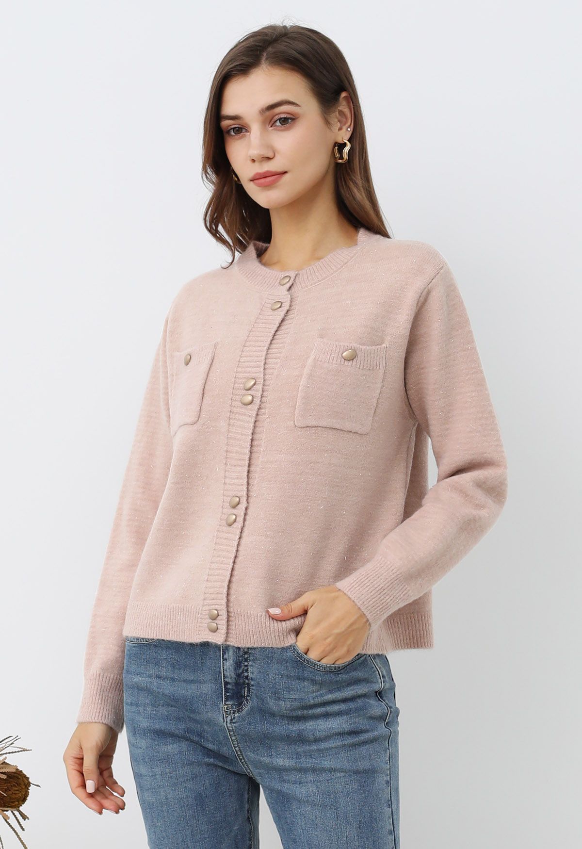 Stylish Button Shimmer Fringe Knit Cardigan in Light Pink