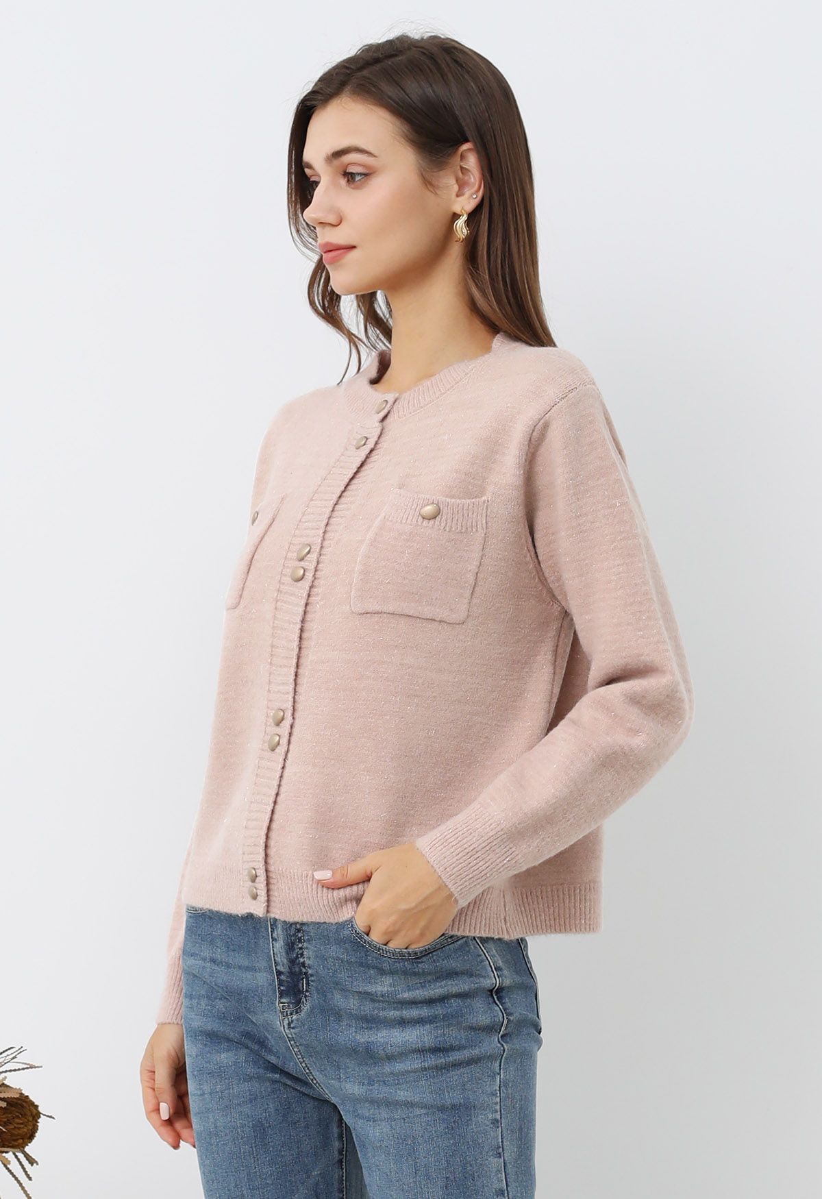 Stylish Button Shimmer Fringe Knit Cardigan in Light Pink