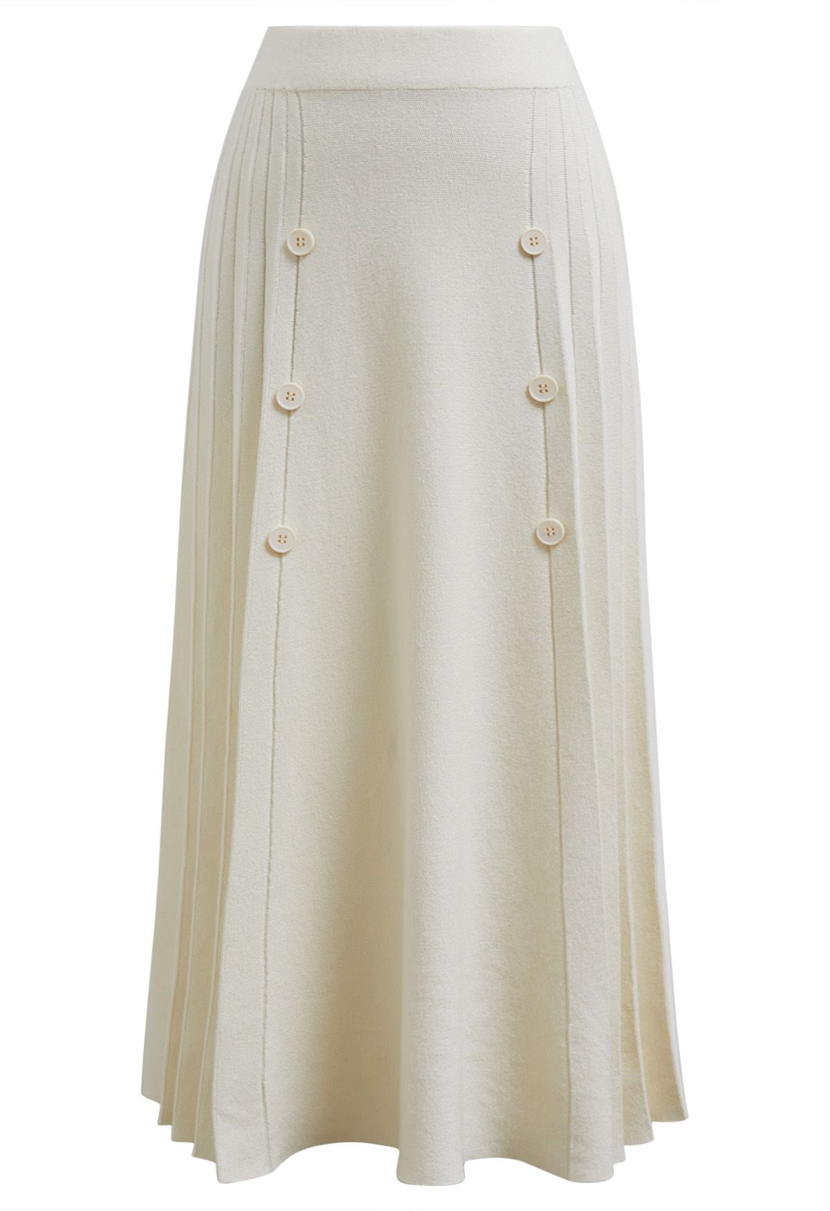 Soft Elegance Button Trim Pleats Knit Skirt in Cream