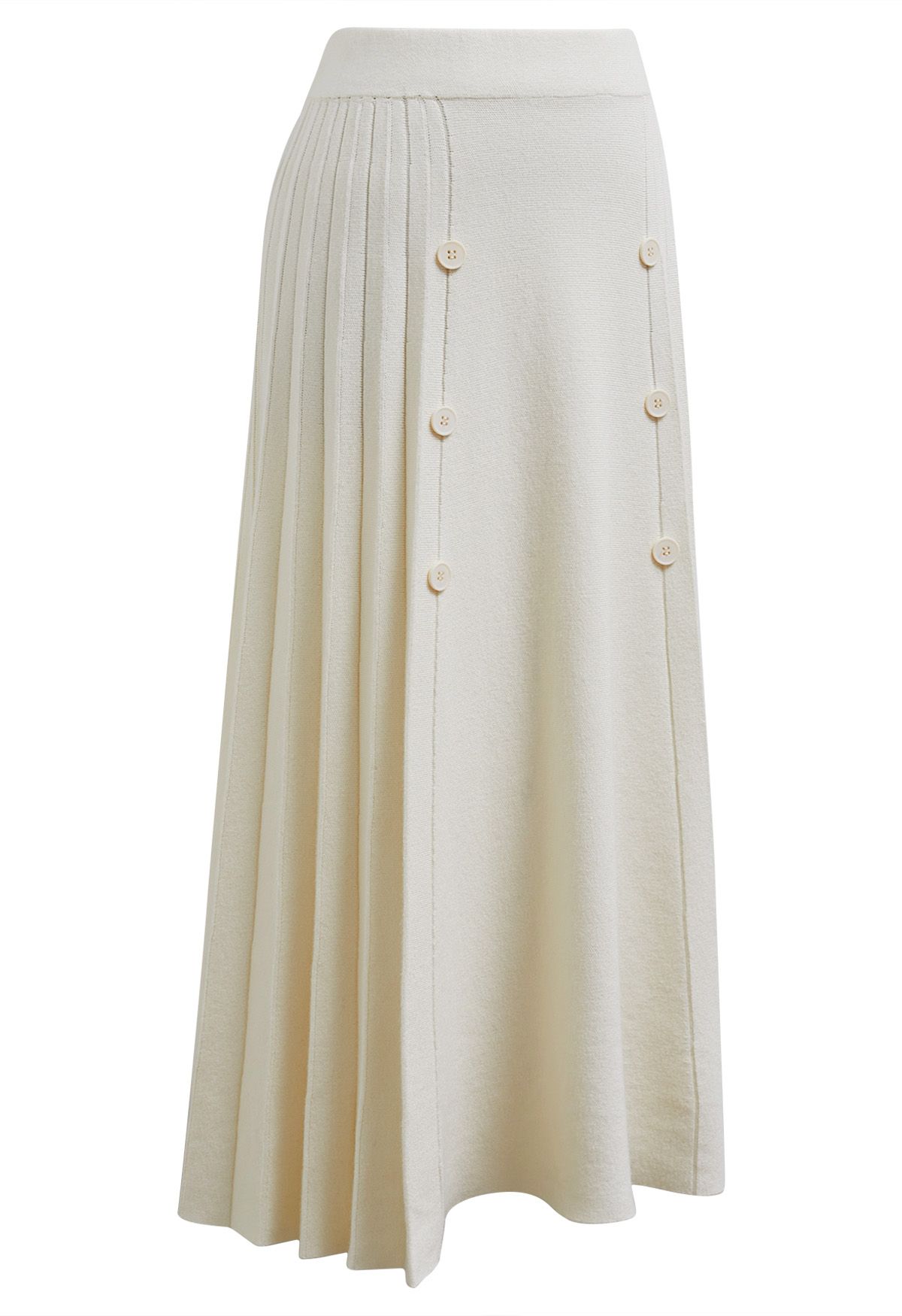 Soft Elegance Button Trim Pleats Knit Skirt in Cream