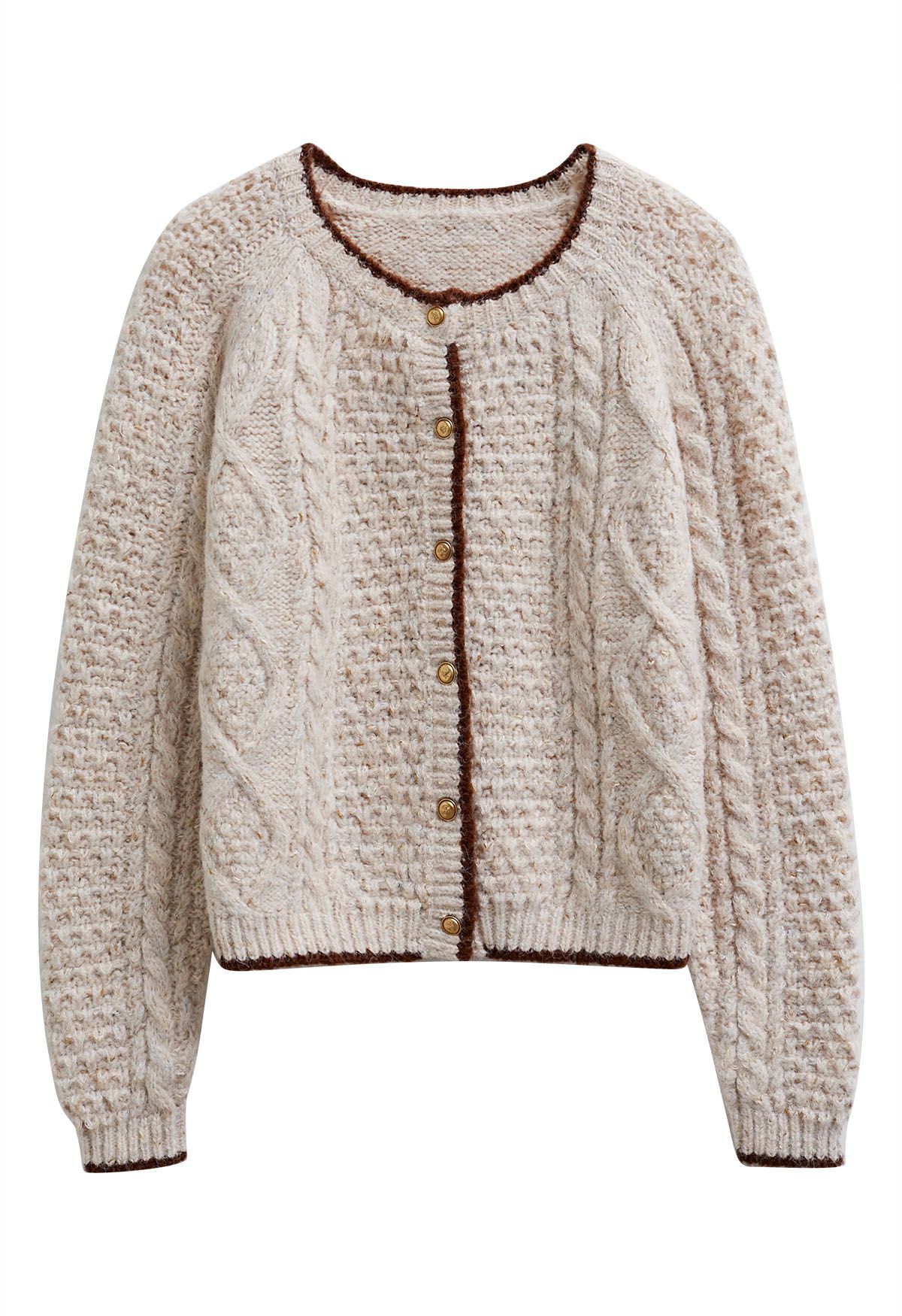 Contrast Edges Braided Knit Buttoned Cardigan in Oatmeal