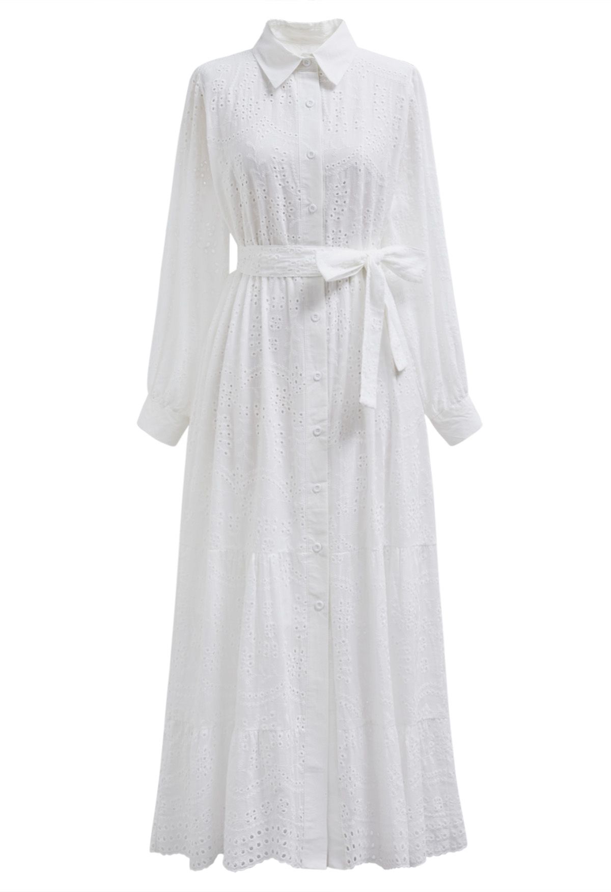 Delicate Eyelet Embroidery Tie-Waist Buttoned Midi Dress in White