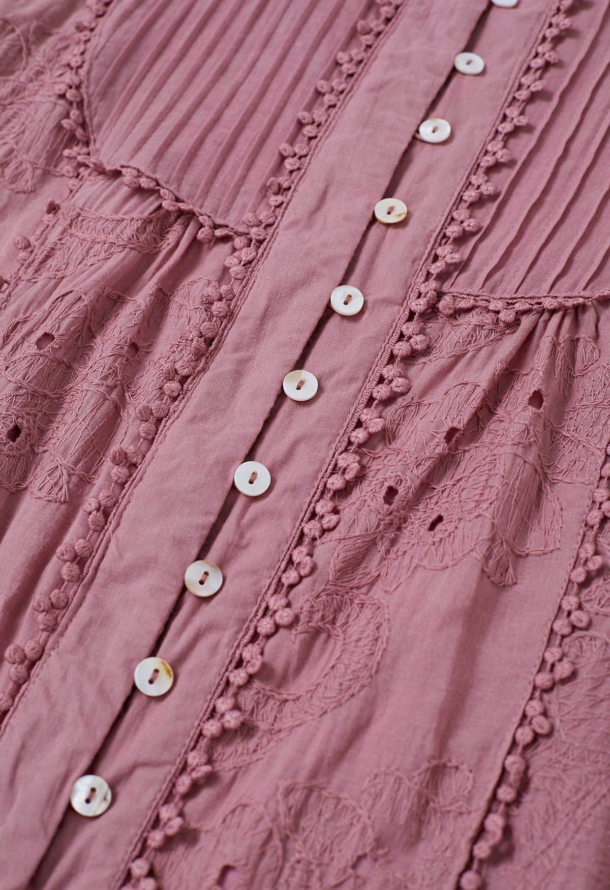 Floral Eyelet Embroidery Tassel String Buttoned Maxi Dress in Mauve