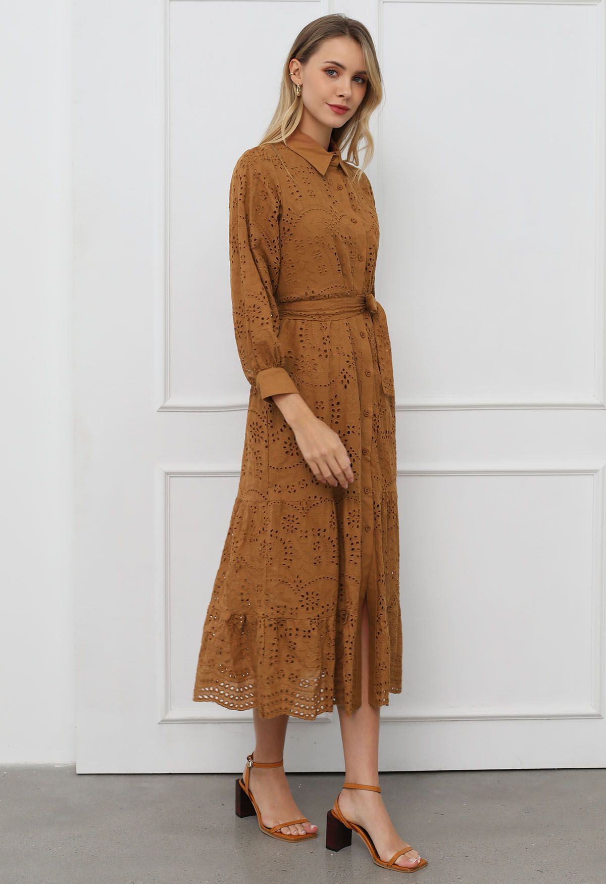 Delicate Eyelet Embroidery Tie-Waist Buttoned Midi Dress in Tan