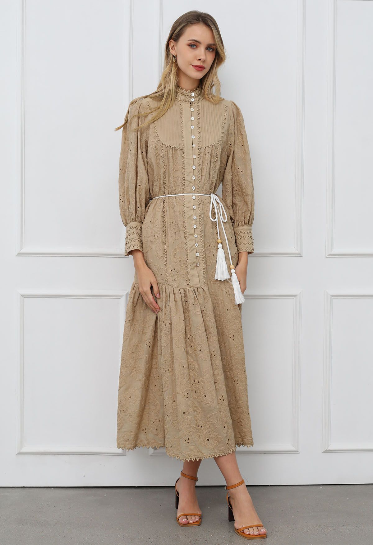 Floral Eyelet Embroidery Tassel String Buttoned Maxi Dress in Light Tan