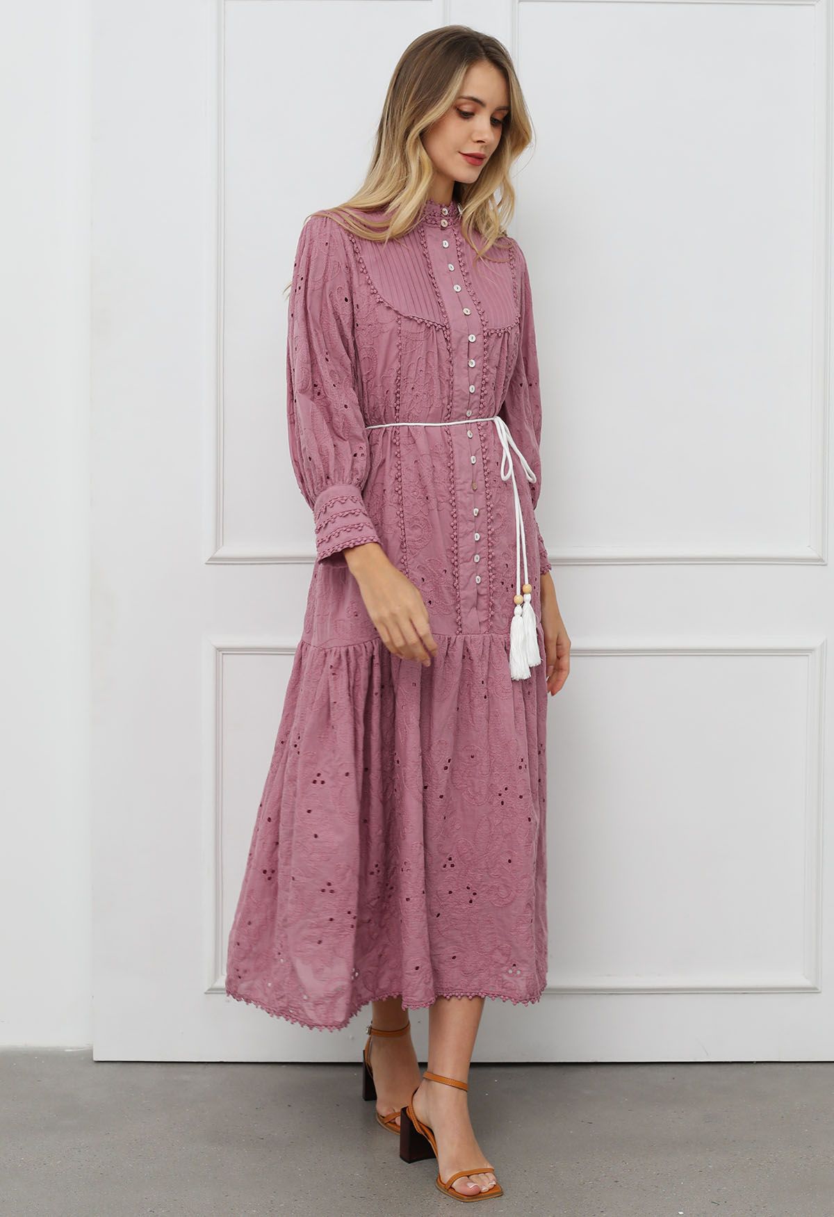 Floral Eyelet Embroidery Tassel String Buttoned Maxi Dress in Mauve