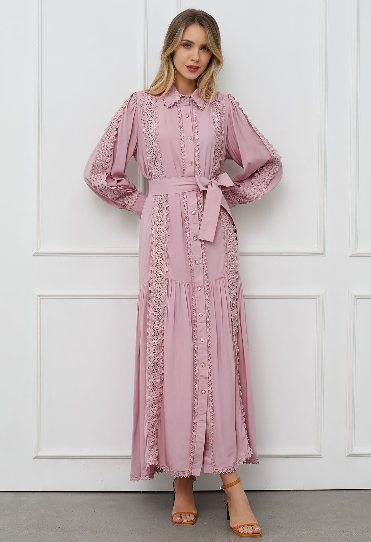 Captivating Lace Tie-Waist Button Down Maxi Dress in Pink