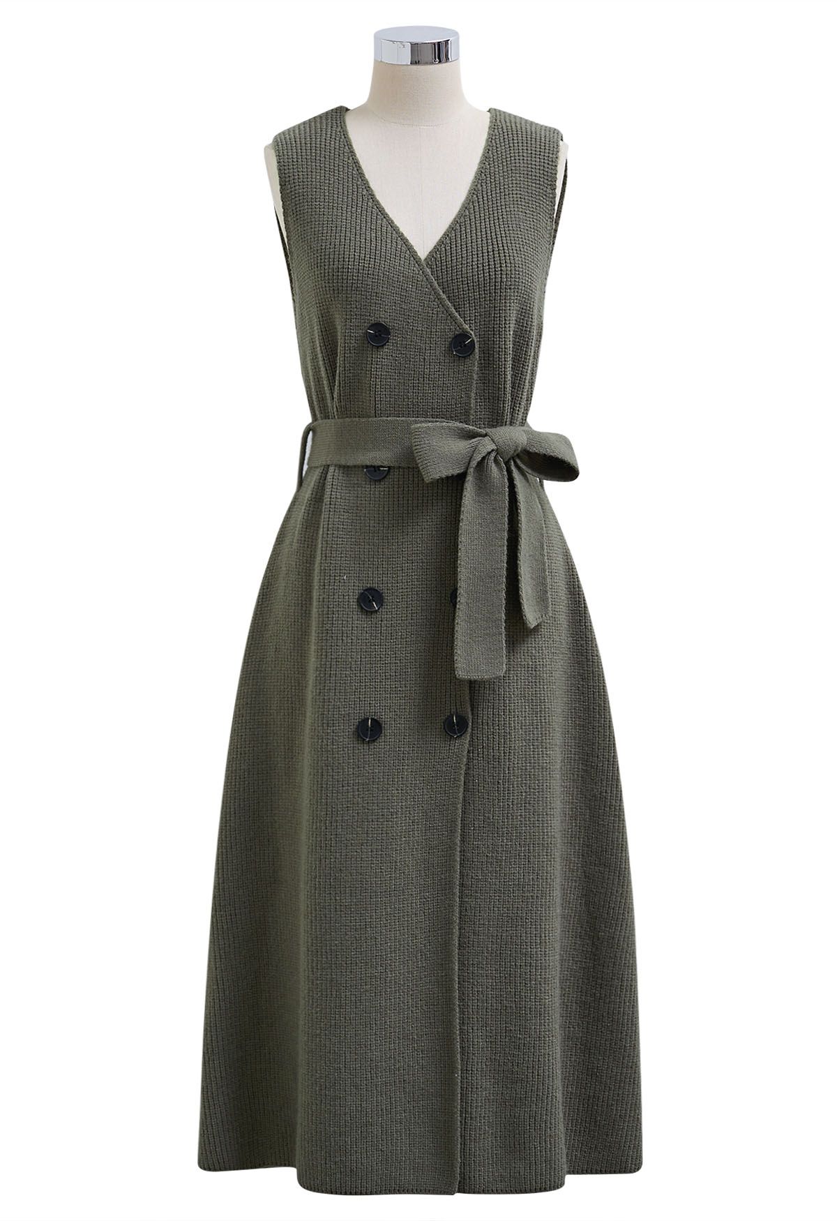 Double-Breasted Sleeveless Knit Dress and Cardigan Set in Army Green