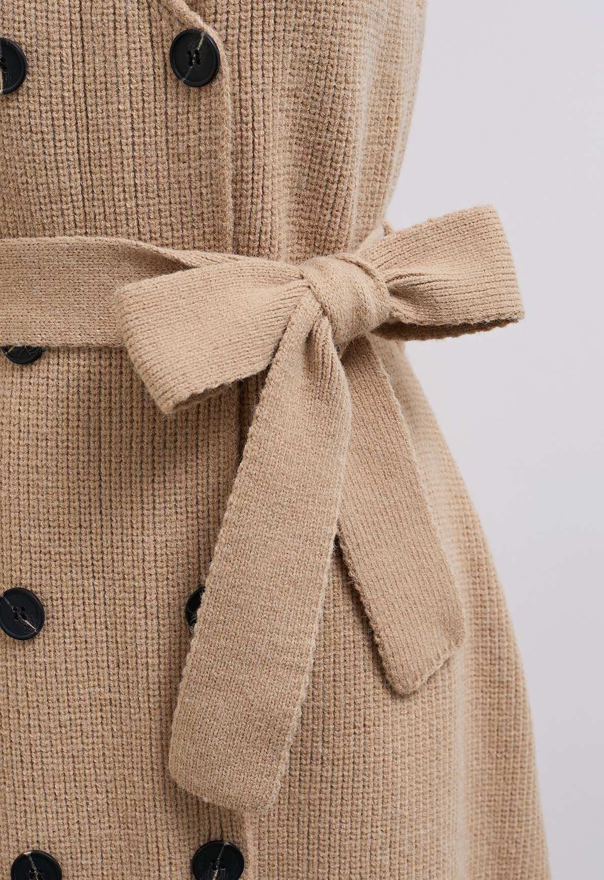 Double-Breasted Sleeveless Knit Dress and Cardigan Set in Tan