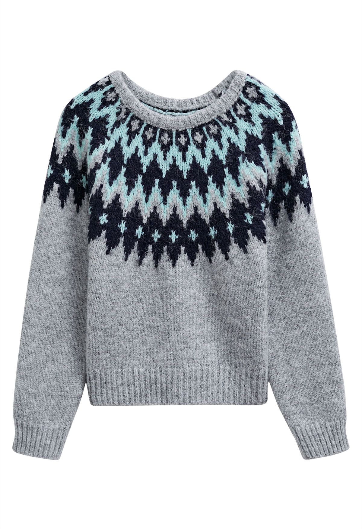 Winter Whimsy Fair Isle Ribbed Knit Sweater in Grey