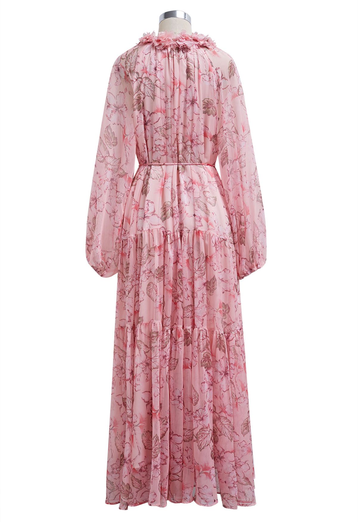 Floral Ballet Tie String Chiffon Midi Dress in Pink