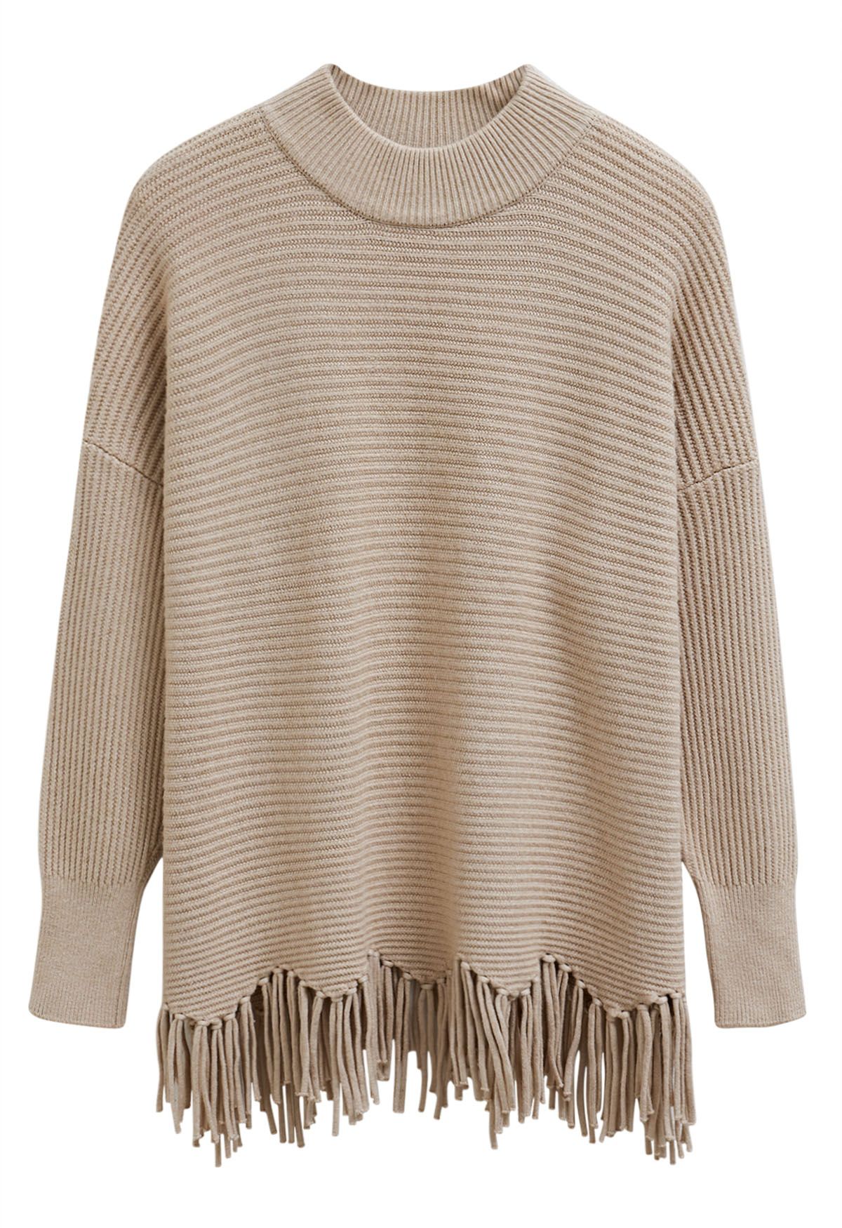 Asymmetric Fringe Hem Drop Shoulder Knit Sweater in Light Tan