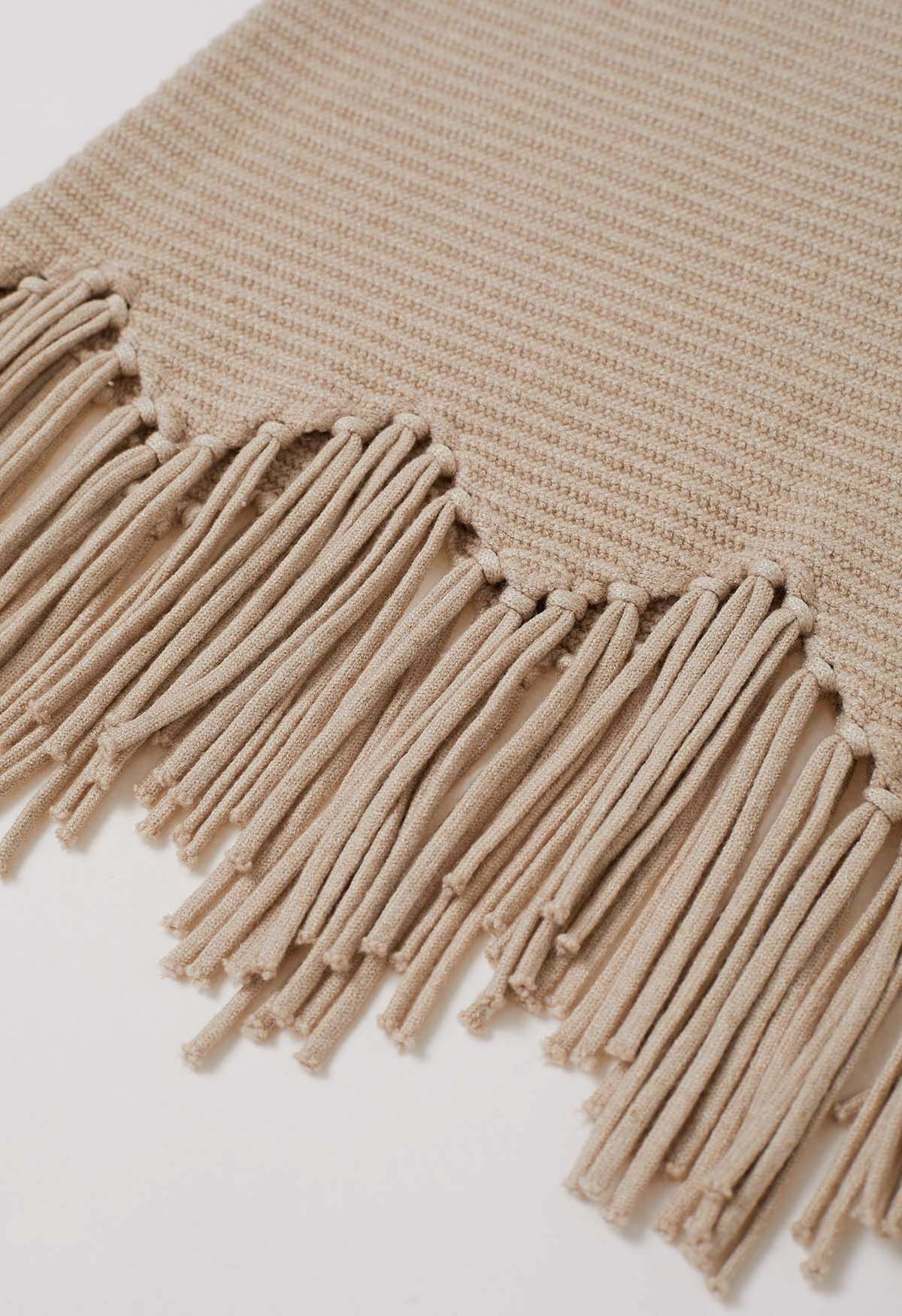 Asymmetric Fringe Hem Drop Shoulder Knit Sweater in Light Tan