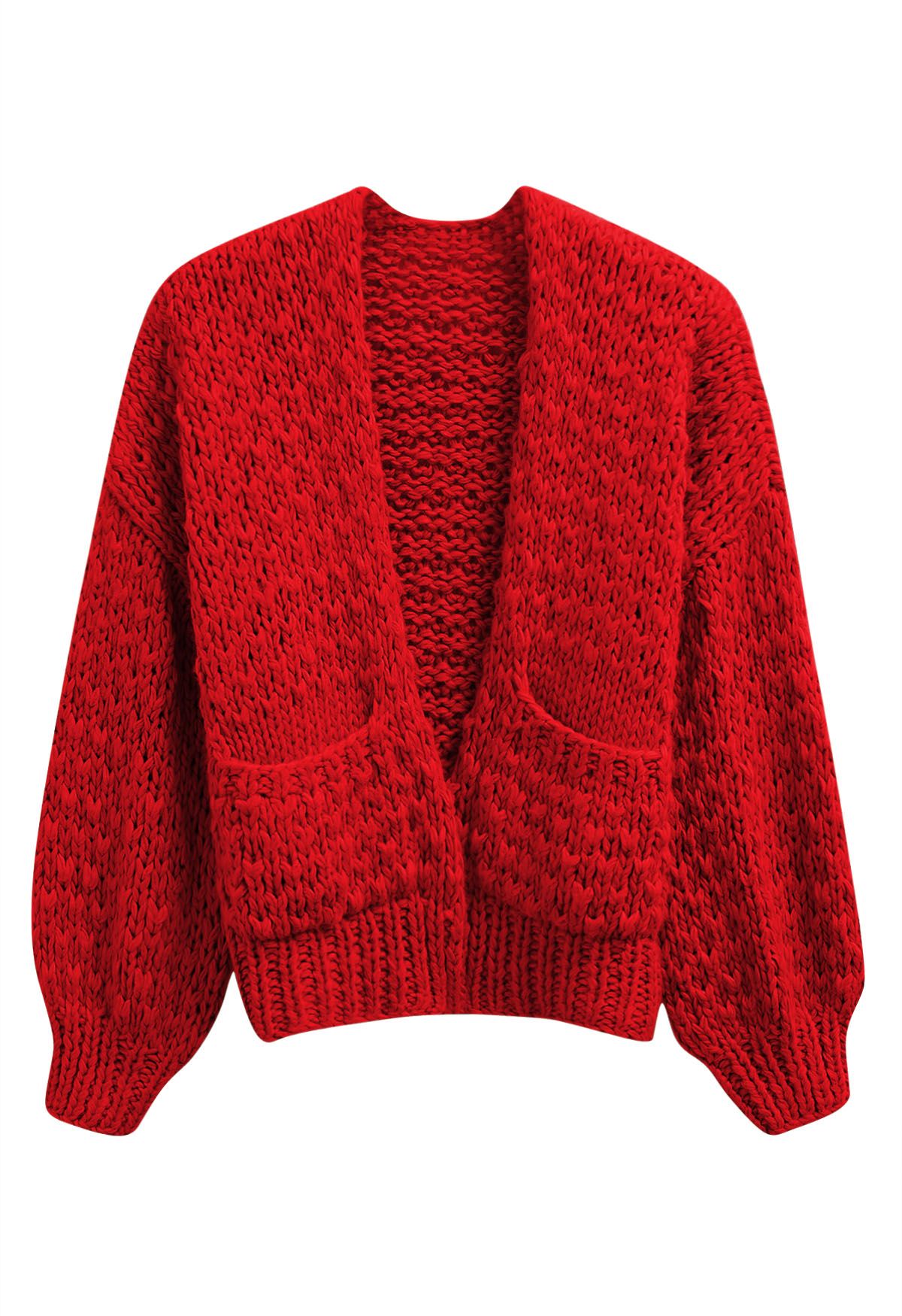 Chunky Hand Knit Patch Pocket Open Front Cardigan in Red