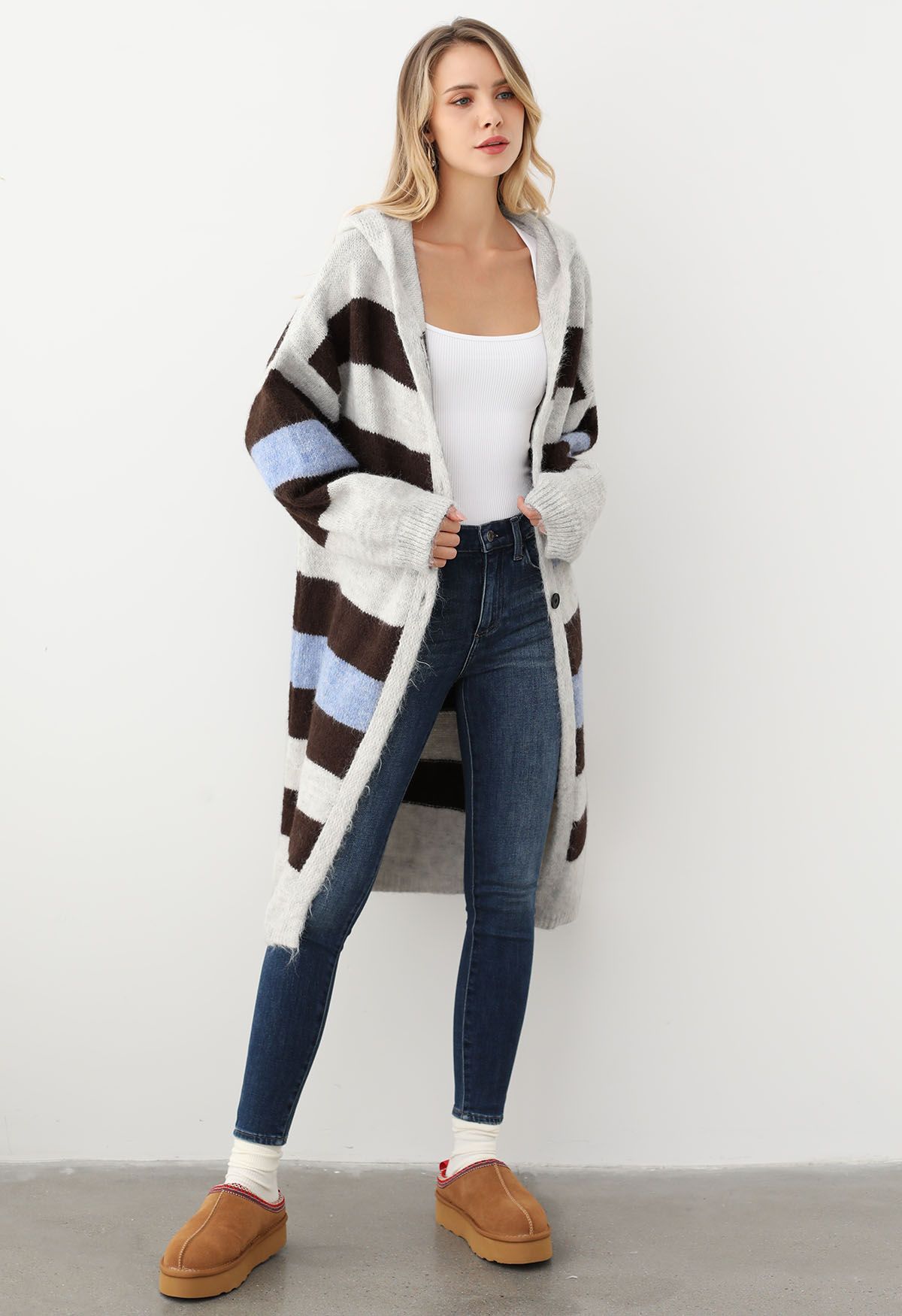 Color Block Buttoned Longline Hooded Cardigan